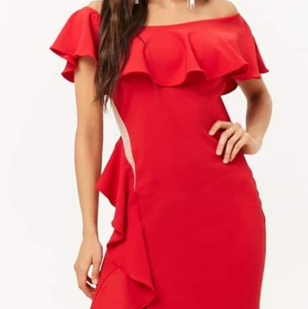 Red Off Shoulder Ruffle Trim Long Dress Brand